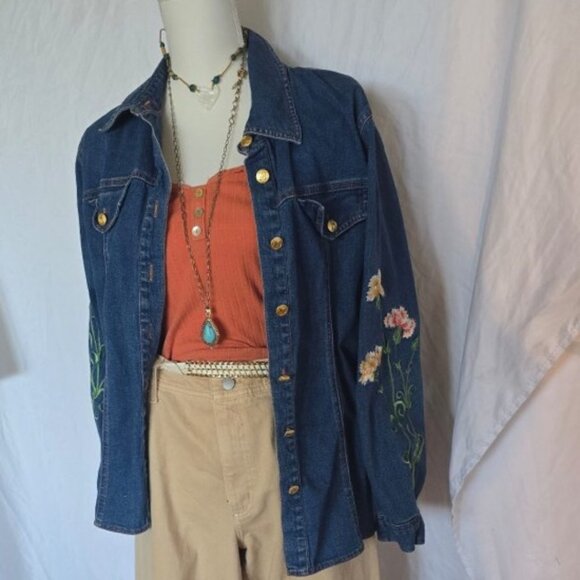 Wearable Art brand Jean Jacket with embroidered sleeves, size Medium - Picture 3 of 3